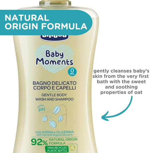 Chicco Baby Moments Gentle Body Wash and Shampoo 500ml - 92% naturally derived-ingredients for baby's delicate skin