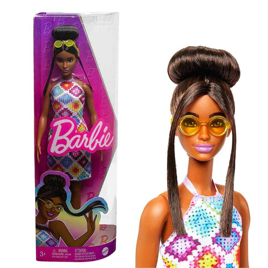 Barbie Fashionista Doll Styled Brown Hair in Colorful Halter Dress