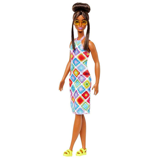 Barbie Fashionista Doll Styled Brown Hair in Colorful Halter Dress