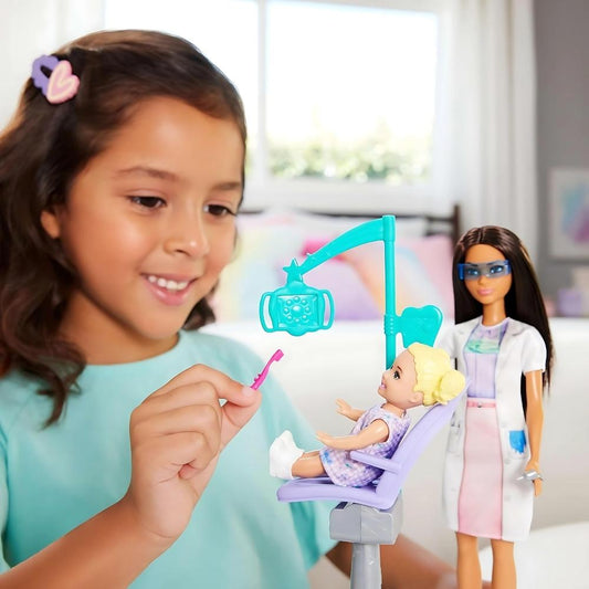 Barbie Career Nurturing Playset w/ Dentist Doll, 1 Kid Doll & Dental Accessories