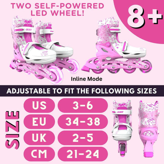 Neon Inline Skates Pink For Kids Adjustable Size (Size 3-6)