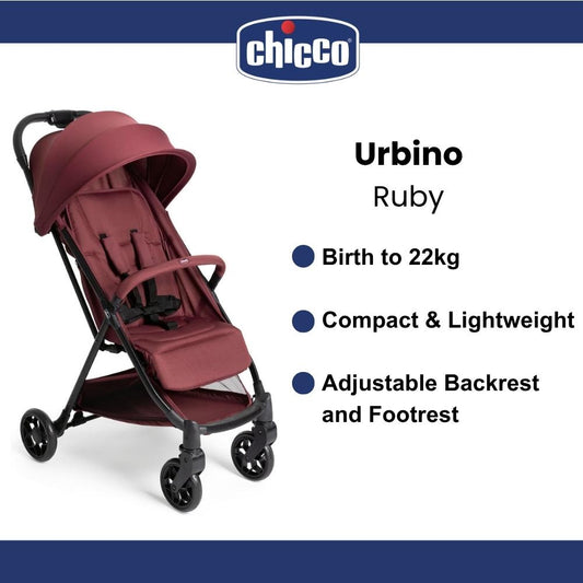 Chicco Urbino Compact & Lightweight Stroller Suitable From Birth To 22kg- Ruby