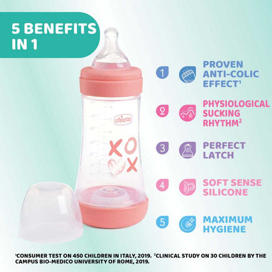 Chicco Perfect 5 Baby Feeding Bottle 240ml For 2m+ (New Pink Design)