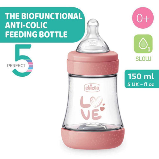 Chicco Perfect 5 Baby Feeding Bottle 150ml For 0m+ (New Pink Design)