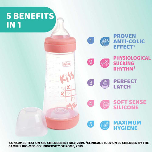 Chicco Perfect 5 Baby Feeding Bottle Fast Flow 300ml For 4m+ (New Pink Design)
