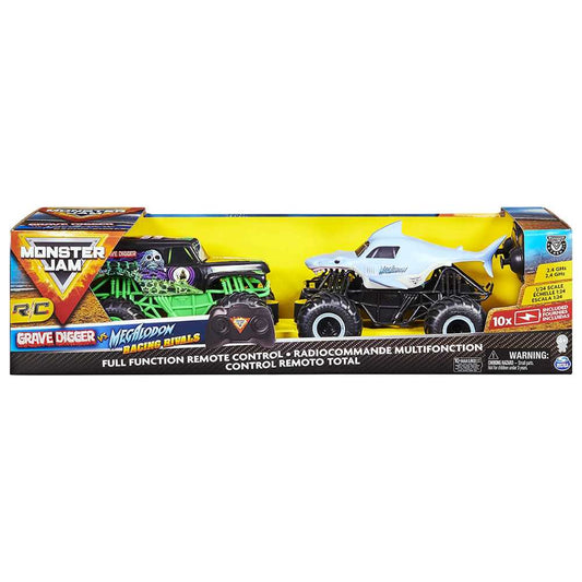 Monster Jam 1:24 Scale Grave Digger vs Megalodon Remote Control Racing Rivals for Boys 3 years up