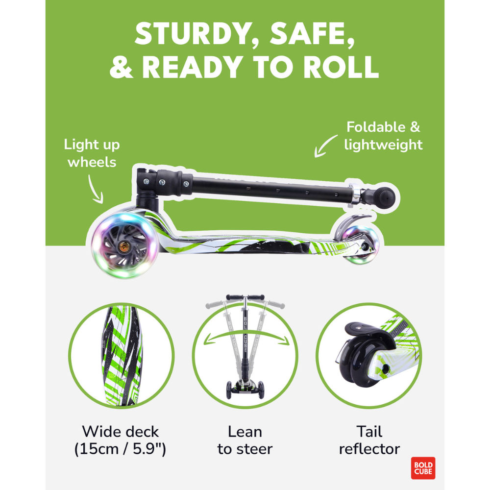BOLDCUBE Big 3-Wheel Kick Scooter for Kids – Foldable Lean-to-Steer Toy with Light-Up Wheels & Adjustable T-Bar – Swift Green