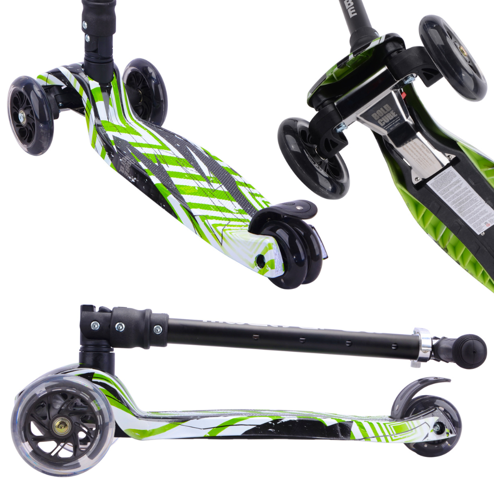 BOLDCUBE Big 3-Wheel Kick Scooter for Kids – Foldable Lean-to-Steer Toy with Light-Up Wheels & Adjustable T-Bar – Swift Green
