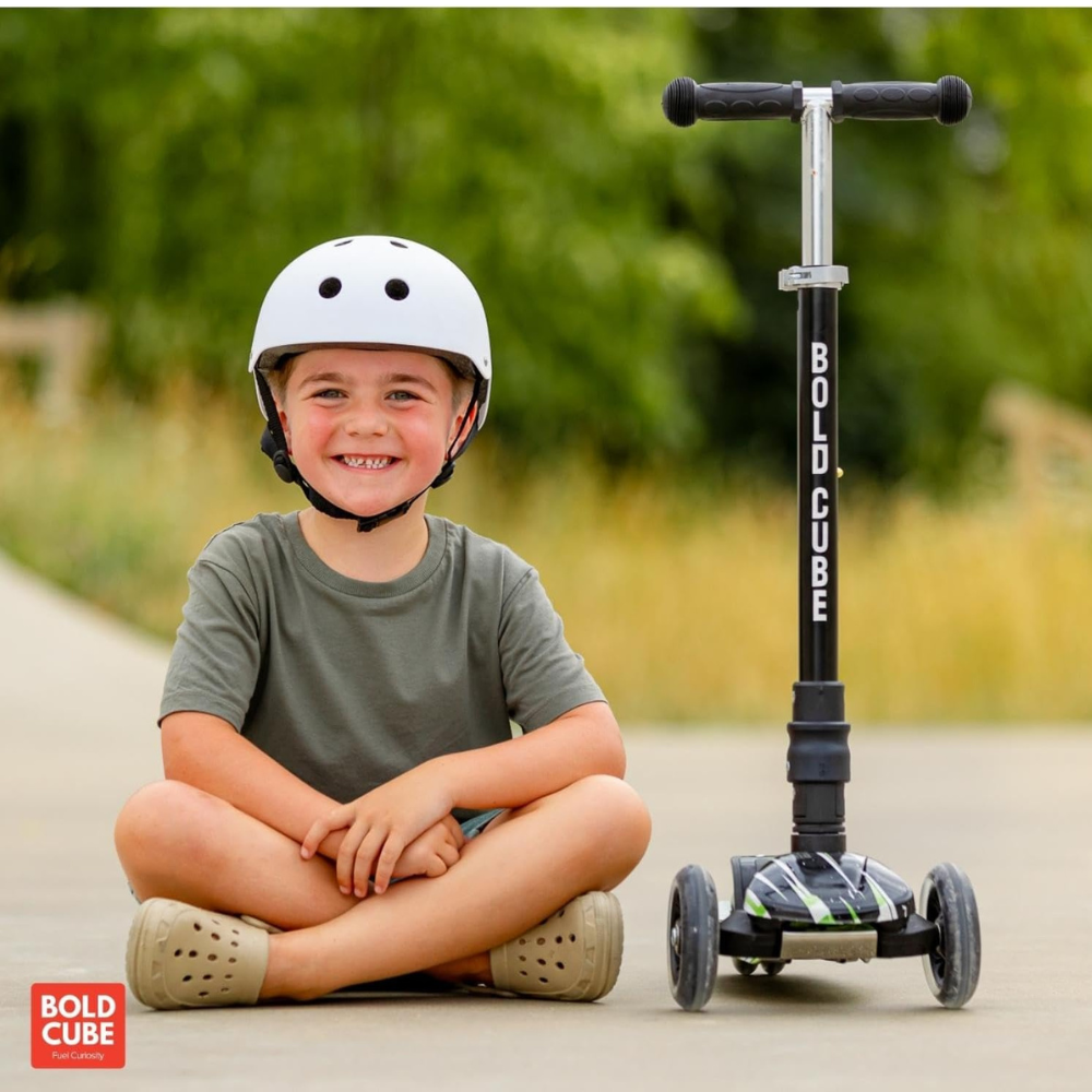 BOLDCUBE Big 3-Wheel Kick Scooter for Kids – Foldable Lean-to-Steer Toy with Light-Up Wheels & Adjustable T-Bar – Swift Green