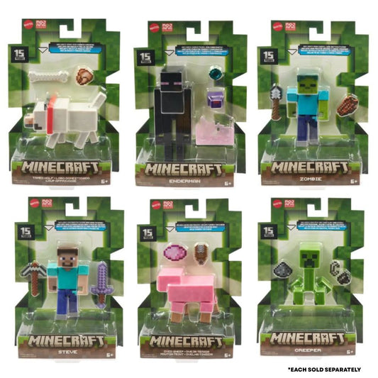 Minecraft 3.25" Core Figures (Zombie, Enderman, Tamed Wolf, Steve, Dyed Sheep, Creeper)