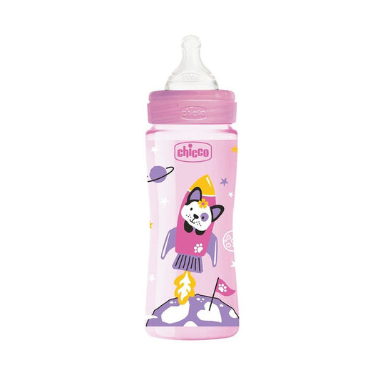 Well Being Baby Feeding Bottle Girl - 330ml Fast Flow (4M+) Pink (Cat Space)