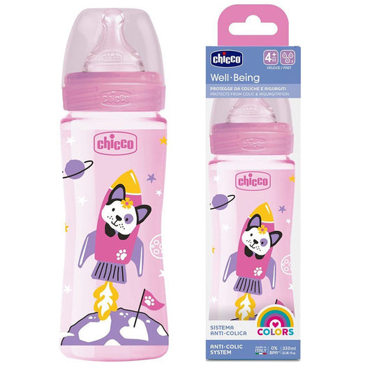 Well Being Baby Feeding Bottle Girl - 330ml Fast Flow (4M+) Pink (Cat Space)